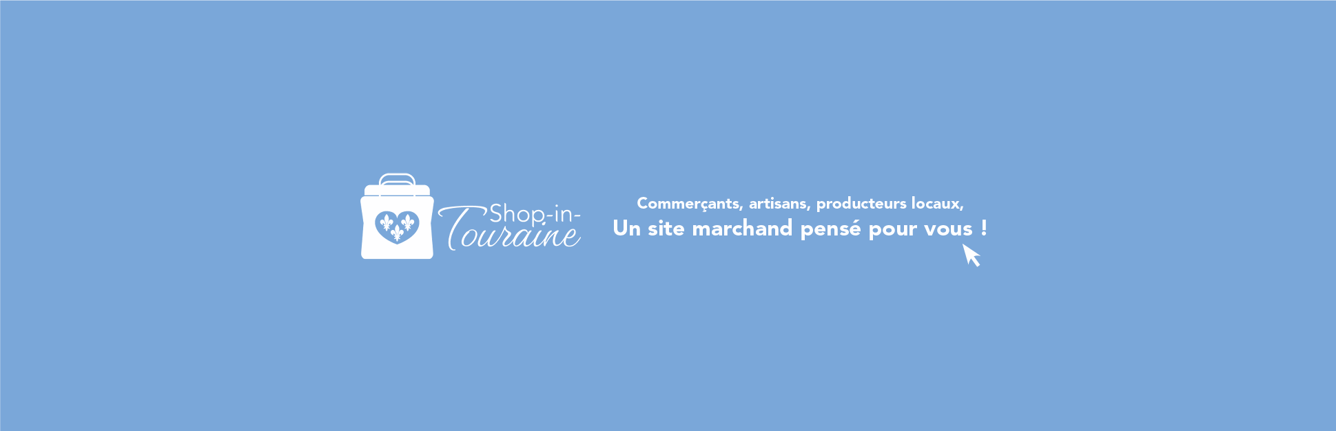 Logo de Shop in Touraine, représentant un sac de shopping blanc, sur lequel on voit un cœur à l'intérieur duquel sont représentés trois fleurs de lys, sur un fond bleu clair. On peut lire "Commerçants, artisans, producteurs locaux, un site marchand pensé pour vous !
