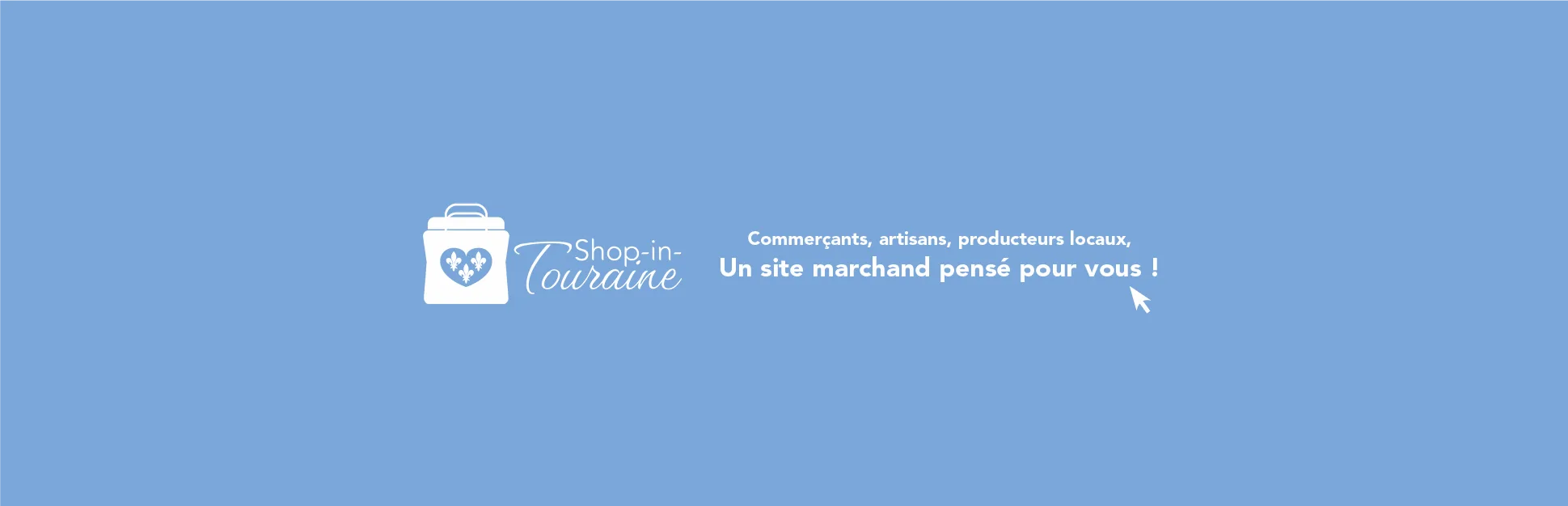 Logo de Shop in Touraine, représentant un sac de shopping blanc, sur lequel on voit un cœur à l'intérieur duquel sont représentés trois fleurs de lys, sur un fond bleu clair. On peut lire "Commerçants, artisans, producteurs locaux, un site marchand pensé pour vous !