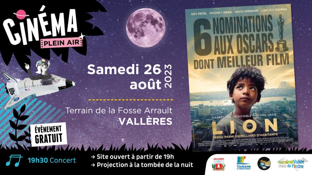 Visuel cinéma plein air à Vallères 26 08 2023 film Lion