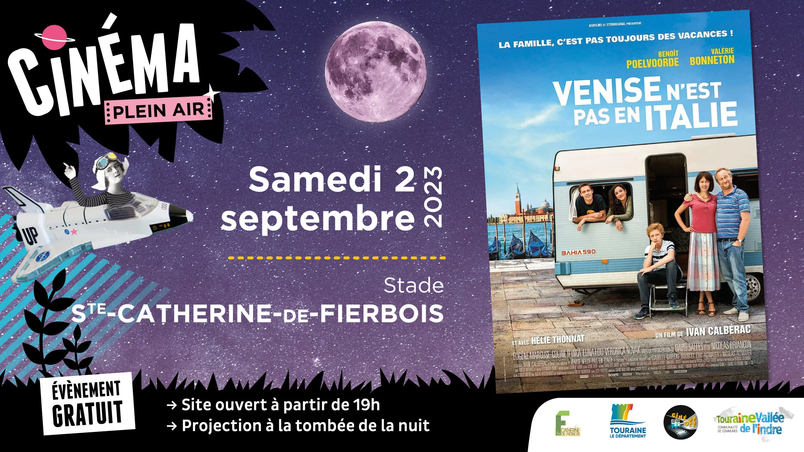 Visuel cinéma plein air à Sainte-Catherine-de-Fierbois 02 09 2023 film Venise n'est pas en Italie