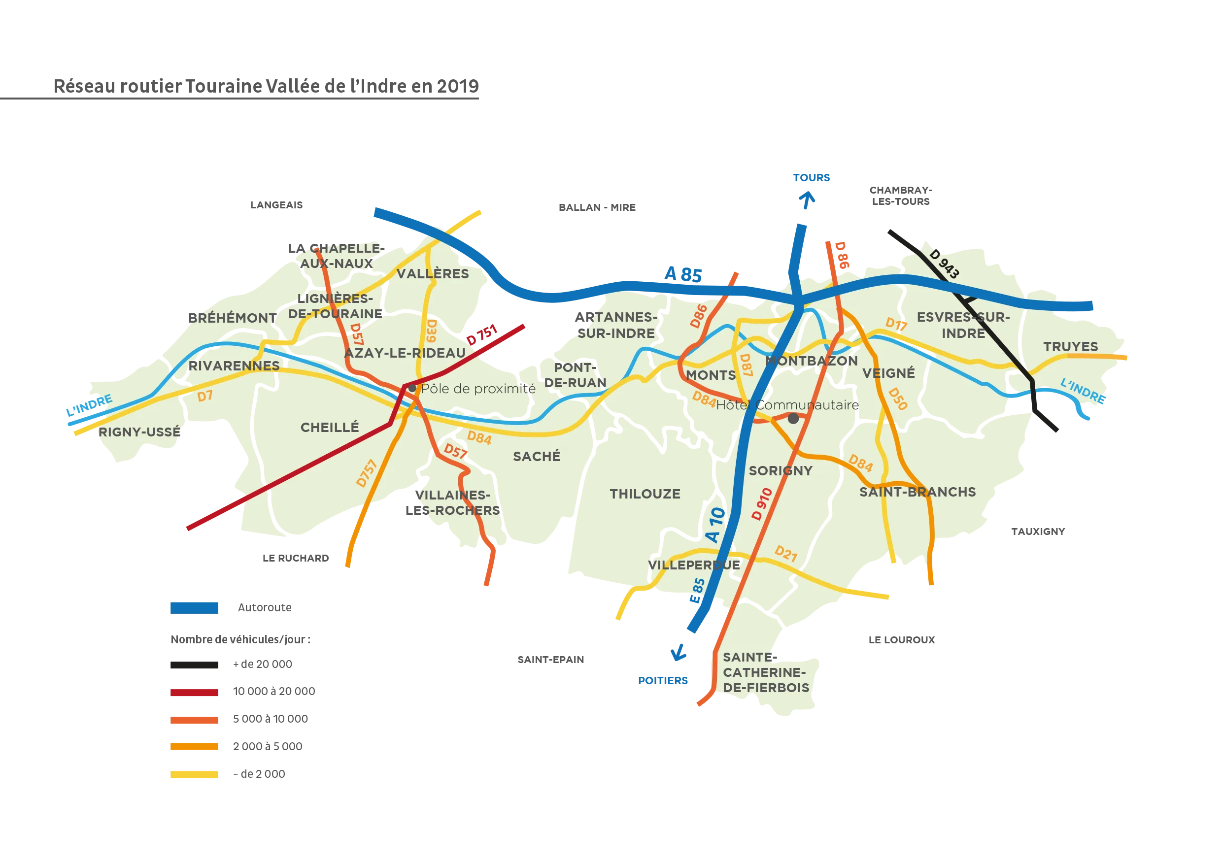Carte des principaux axes routiers sur la Communauté de communes Touraine Vallée de l'Indre
