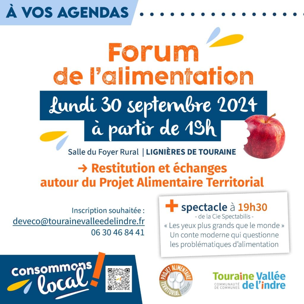 Vous êtes acteur de l’alimentation, que vous ayez participé ou non à nos moments de rencontre en 2023 (forum et groupes de travail), venez à la soirée du 30 septembre à Lignières-de-Touraine. Au programme présentation du plan d’actions et spectacle de la Compagnie Spectabilis pour échanger sur l’alimentation de demain.