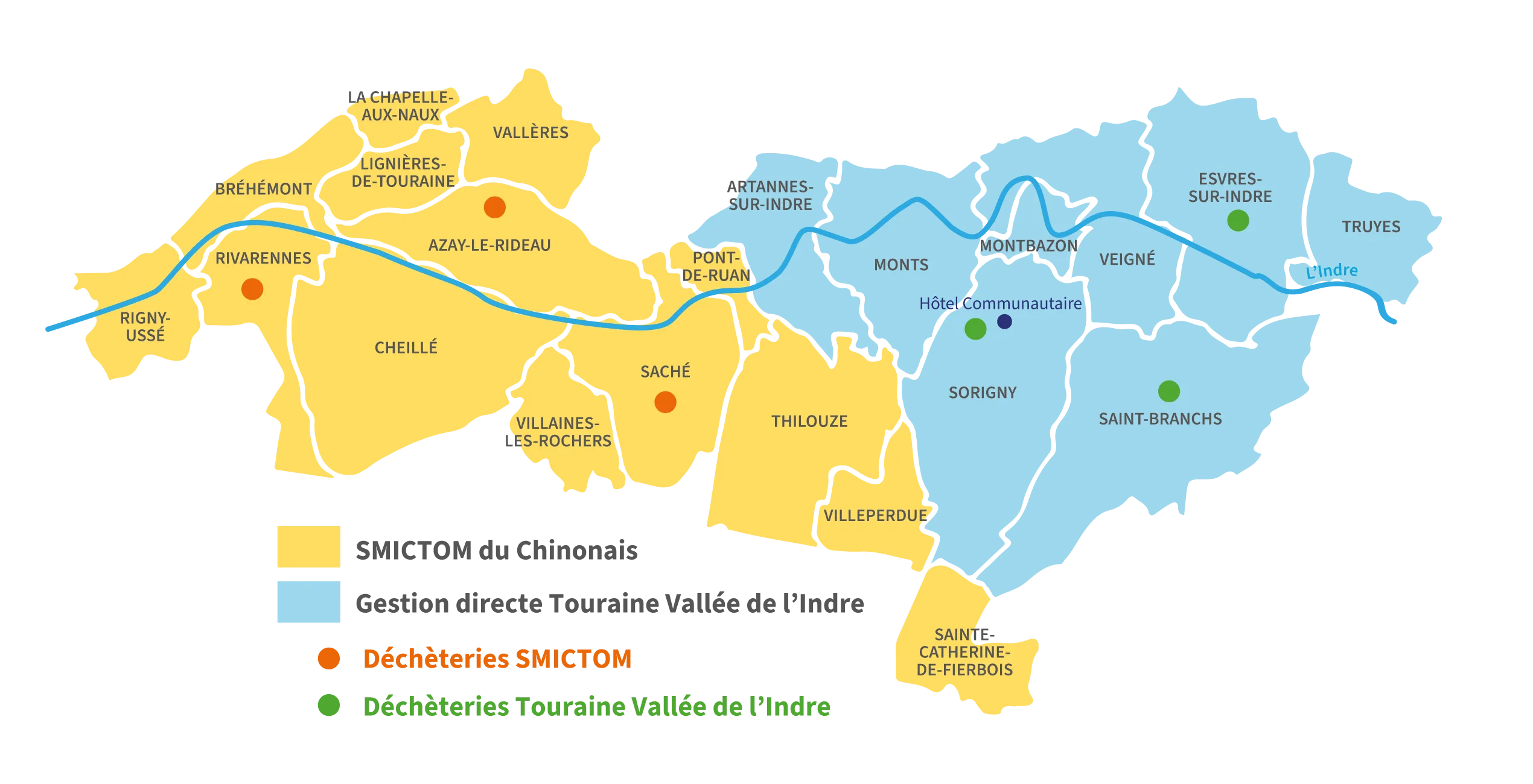 Carte présentant les 22 communes du territoire de la Communauté de communes Touraine Vallée de l'Indre avec la répartition SMICTOM du Chinonais et la Gestion directe ainsi que les déchèteries