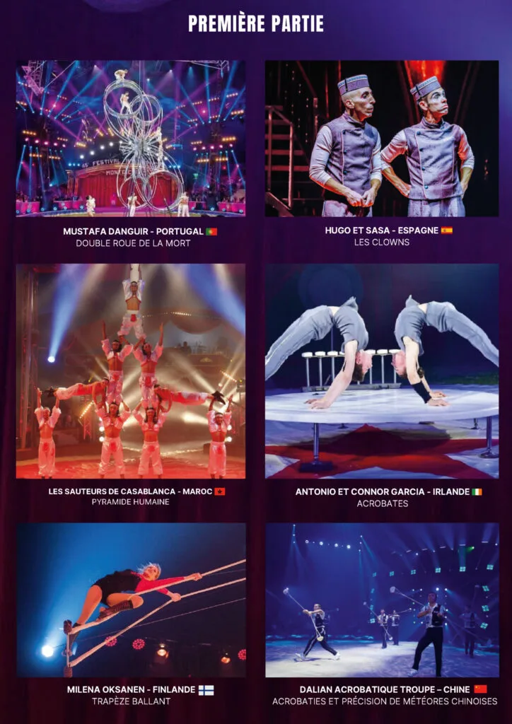 Affiche présentant les artistes de la première partie : MUSTAFA DANGUIR - PORTUGAL DOUBLE ROUE DE LA MORT // HUGO ET SASA - ESPAGNE LES CLOWNS // LES SAUTEURS DE CASABLANCA - MAROC PYRAMIDE HUMAINE // ANTONIO ET CONNOR GARCIA - IRLANDE ACROBATES // MILENA OKSANEN - FINLANDE TRAPÈZE BALLANT // DALIAN ACROBATIQUE TROUPE – CHINE ACROBATIES ET PRÉCISION DE MÉTÉORES CHINOISES