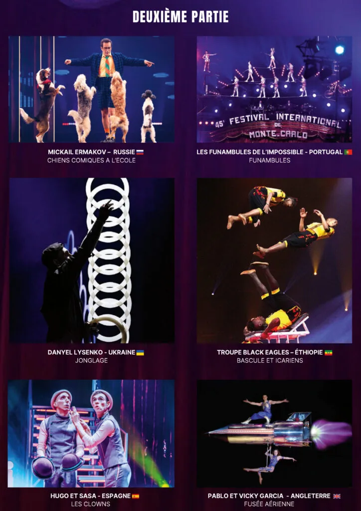 Affiche présentant les artistes de la seconde partie : MICKAIL ERMAKOV – RUSSIE CHIENS COMIQUES A L’ECOLE // LES FUNAMBULES DE L’IMPOSSIBLE - PORTUGAL FUNAMBULES // DANYEL LYSENKO - UKRAINE JONGLAGE // TROUPE BLACK EAGLES – ÉTHIOPIE BASCULE ET ICARIENS // HUGO ET SASA - ESPAGNE LES CLOWNS // PABLO ET VICKY GARCIA - ANGLETERRE FUSÉE AÉRIENNE