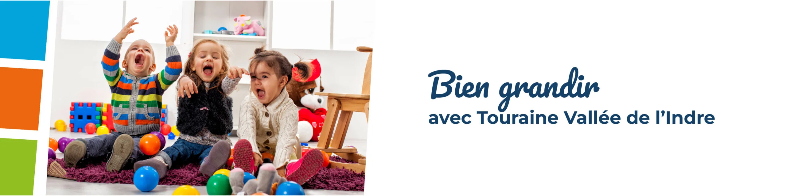 bandeau groupe d'enfant joyeux et message Bien grandir en Touraine Vallée de l'Indre