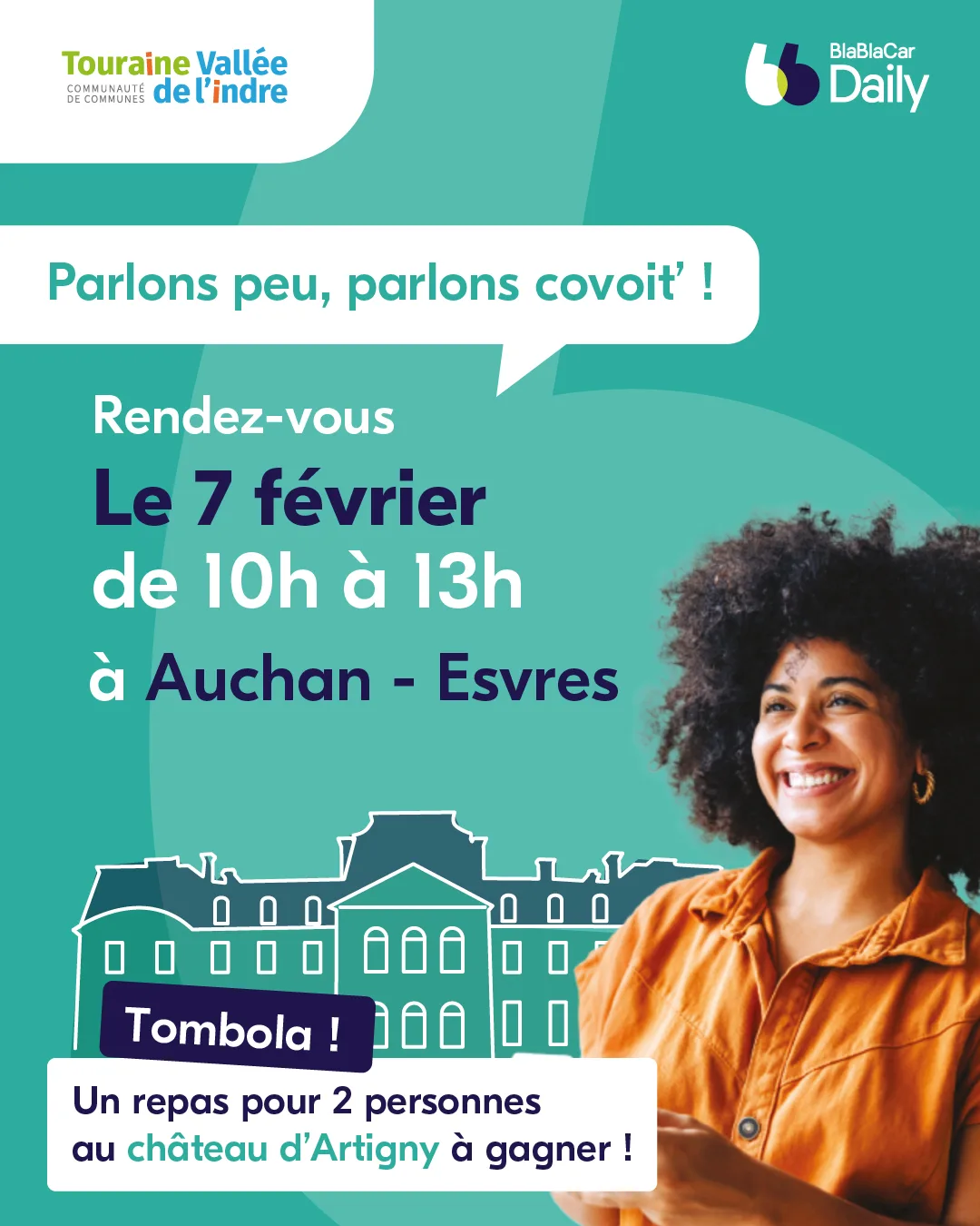 Visuel animation BlaBlaCar Daily le 7 février 2026 au Auchan de Esvres-sur-Indre