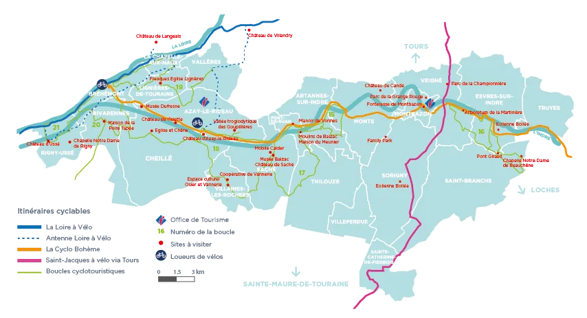 Carte de la Communauté de communes Touraine Vallée de l'Indre contenant les circuits vélos et les points d'intérêts touristiques